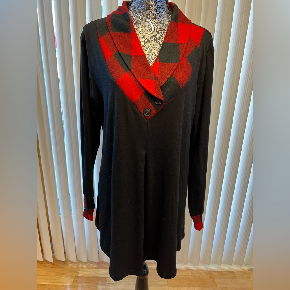 Messic cowl neck black sweater with red plaid detail, XXL